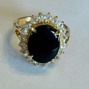 Vintage Gold Plated Black Onyx Halo Cocktail Ring - Women Jewelry
